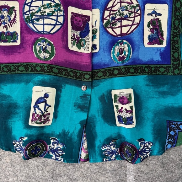 COMO Studio Vintage Artsy Hippie Tarot Print Shirt Teal Purple Rayon Size 6 - Picture 6 of 16